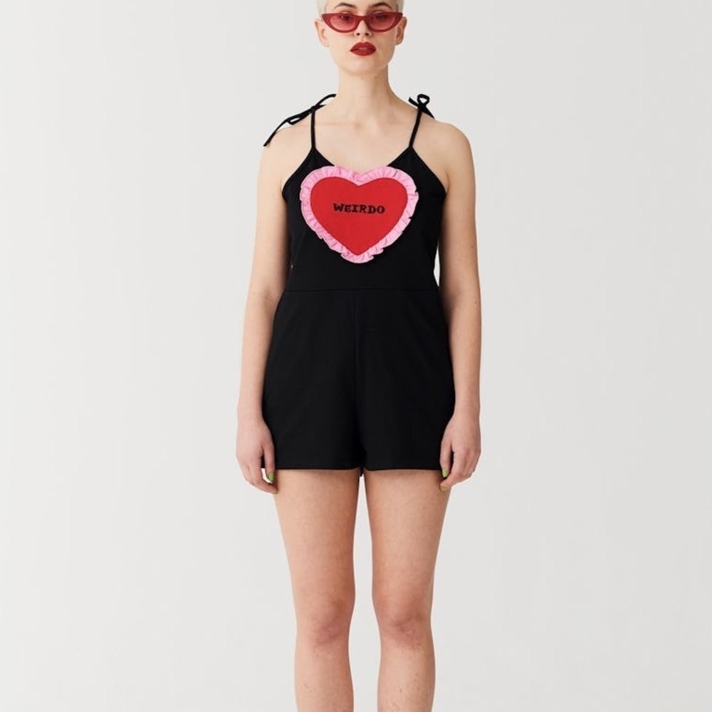 Lazy oaf Weirdo Romper size uk 6 us 2 black/red/pink heart